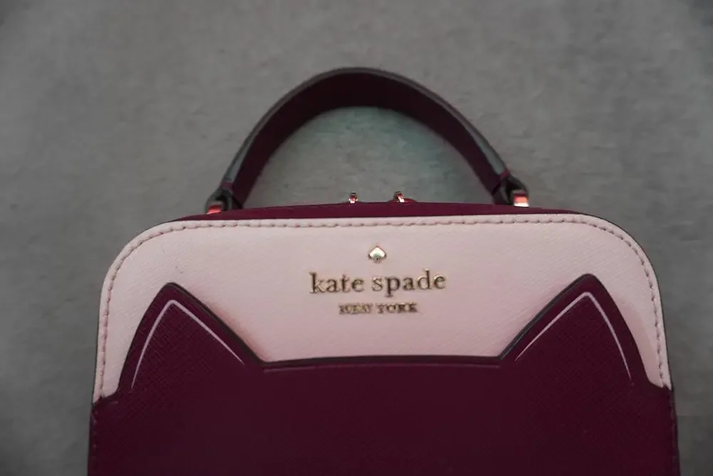 Kate Spade Satchel Bag Womens Small Burgundy Leather Cat Face Top Handle Zip